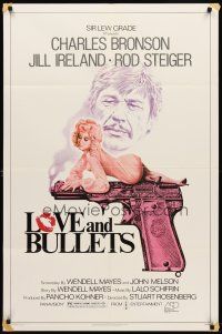 7r556 LOVE & BULLETS 1sh '79 art of Charles Bronson, sexy Jill Ireland laying on gun!