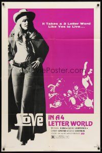 7r561 LOVE IN A 4 LETTER WORLD 1sh '71 sex & drugs, great full-length image of sexy cowgirl!