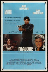 7r574 MALONE 1sh '87 Burt Reynolds is ex-cop, ex-CIA, Lauren Hutton, Cliff Robertson!