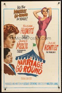 7r587 MARRIAGE-GO-ROUND 1sh '60 Julie Newmar wants to borrow Susan Hayward's husband James Mason!