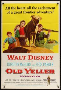 7r652 OLD YELLER 1sh R65 Dorothy McGuire, Fess Parker, great art of Disney's most classic canine!
