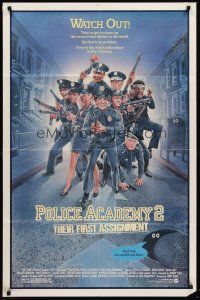7r685 POLICE ACADEMY 2 1sh '85 Steve Guttenberg, Bubba Smith, great Drew Struzan art of cast!