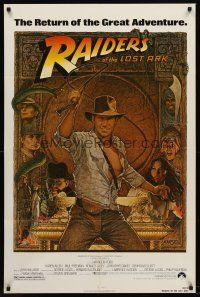 7r710 RAIDERS OF THE LOST ARK 1sh R82 great art of adventurer Harrison Ford by Richard Amsel!