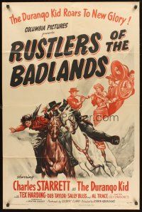 7r742 RUSTLERS OF THE BAD LANDS 1sh '44 Charles Starrett, Tex Harding, Dub Taylor, cool cowboy art!