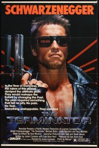7r891 TERMINATOR 1sh '84 super close up of most classic cyborg Arnold Schwarzenegger with gun!