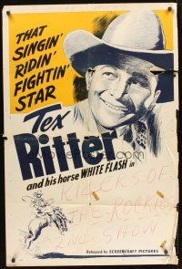 7r896 TEX RITTER STOCK 1sh '40s great art of that popular rodeo star, Riders of the Rockies!