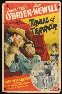 7r926 TRAIL OF TERROR kraftbacked 1sh '43 cowboys Dave O'Brien & Jim Newill are The Texas Rangers!