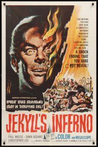 7r937 TWO FACES OF DR. JEKYLL 1sh '61 Jekyll's Inferno, cool burning face art by Reynold Brown!