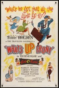 7r973 WHAT'S UP FRONT 1sh '64 Tommy Holden as bra salesman, wacky & sexy artwork!