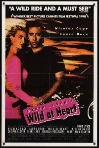 7r981 WILD AT HEART 1sh '90 David Lynch, sexiest image of Nicolas Cage & Laura Dern!