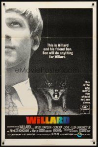 7r986 WILLARD 1sh '71 creepy close up of Bruce Davison with pet rat on shoulder!
