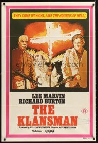 7s553 KLANSMAN Aust 1sh '74 cool artwork of Lee Marvin & Richard Burton, flaming cross!