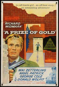 7s584 PRIZE OF GOLD Aust 1sh '55 close-up artwork of Richard Widmark + Mai Zetterling!