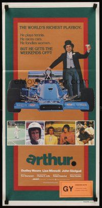 7s647 ARTHUR Aust daybill '81 different image of drunk Dudley Moore by F1 race car!