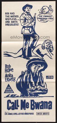 7s681 CALL ME BWANA Aust daybill '63 wacky art of Bob Hope & Anita Ekberg, Bwana have fun?
