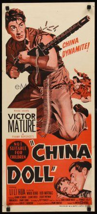 7s694 CHINA DOLL Aust daybill '58 cool art of Flying Tiger Victor Mature with huge machine gun!