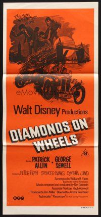 7s719 DIAMONDS ON WHEELS Aust daybill '74 English Disney, cool hot rod artwork!