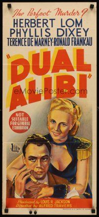 7s727 DUAL ALIBI Aust daybill '49 stone litho art of Herbert Lom & pretty Phyllis Dixey!