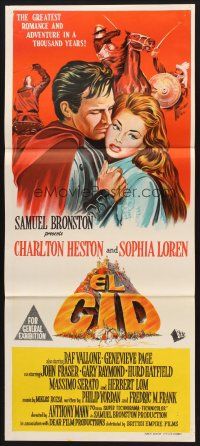 7s733 EL CID Aust daybill '61 stone litho of Charlton Heston in armor with sexy Sophia Loren!