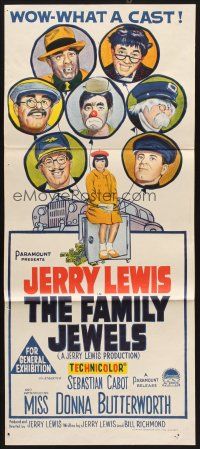 7s743 FAMILY JEWELS Aust daybill '65 Jerry Lewis is seven times nuttier in seven roles, wacky art!
