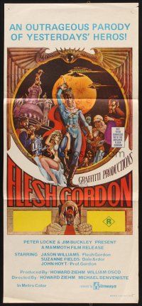 7s751 FLESH GORDON Aust daybill '74 sexy sci-fi spoof, wacky erotic super hero art by George Barr!