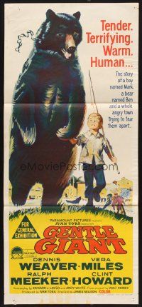 7s765 GENTLE GIANT Aust daybill '67 Dennis Weaver, great full-length art of boy with grizzly bear!