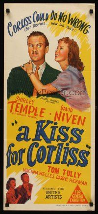 7s809 KISS FOR CORLISS Aust daybill '49 stone litho art of of Shirley Temple & David Niven!
