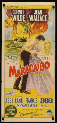 7s839 MARACAIBO Aust daybill '58 romantic art of Cornel Wilde & Jean Wallace in front of explosion!