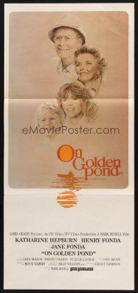 7s869 ON GOLDEN POND Aust daybill '81 art of Hepburn, Henry Fonda, and Jane Fonda by C.D. de Mar!