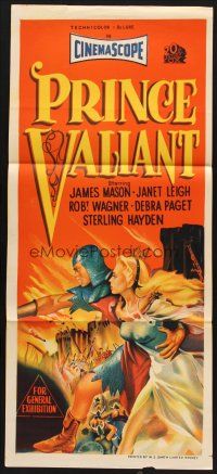 7s894 PRINCE VALIANT Aust daybill '54 artwork of Robert Wagner in armor saving sexy Janet Leigh!