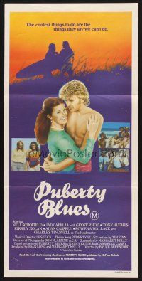 7s895 PUBERTY BLUES Aust daybill '83 Bruce Beresford, Nell Schofeld, cool surfer silhouette art!