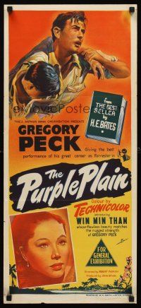 7s896 PURPLE PLAIN Aust daybill '55 great artwork of Gregory Peck, written by Eric Ambler!