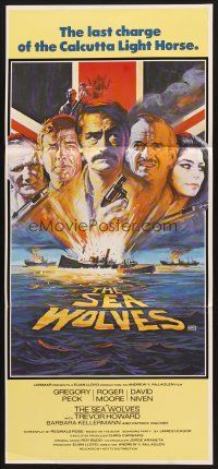 7s917 SEA WOLVES Aust daybill '80 cool art of Gregory Peck, Roger Moore & David Niven!