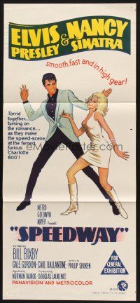 7s928 SPEEDWAY Aust daybill '68 art of Elvis Presley dancing with sexy Nancy Sinatra in boots!