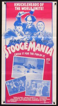7s936 STOOGEMANIA Aust daybill '86 art of Moe, Larry & Curly, knuckleheads of the world unite!