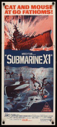 7s938 SUBMARINE X-1 Aust daybill '68 James Caan, cool naval scuba divers & warfare art!