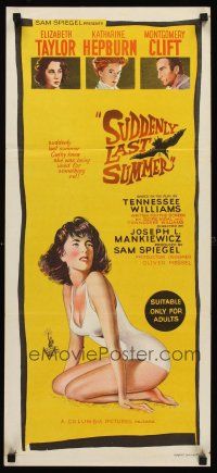 7s939 SUDDENLY, LAST SUMMER Aust daybill '60 stone litho art of sexy Elizabeth Taylor in swimsuit!