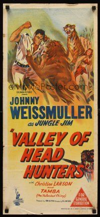 7s970 VALLEY OF HEAD HUNTERS Aust daybill '53 art of Johnny Weismuller as Jungle Jim fighting!