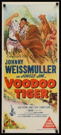 7s978 VOODOO TIGER Aust daybill '52 great art of Johnny Weissmuller as Jungle Jim vs big cats!
