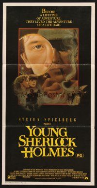 7s995 YOUNG SHERLOCK HOLMES Aust daybill '85 Steven Spielberg, Nicholas Rowe, cool detective art!