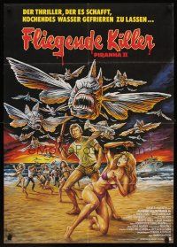 7s242 PIRANHA PART TWO: THE SPAWNING German 1982 wild art of flying fish attacking people on beach!