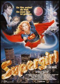 7s277 SUPERGIRL German '84 Casaro art of super Helen Slater in costume flying over NYC!