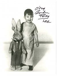 7t597 EUGENE LEE signed 8x10 REPRO still '90s holding cool stuffed toy rabbit wearing clothes!