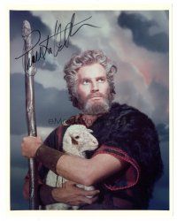 7t538 CHARLTON HESTON signed color 8x10 REPRO still '80s as Moses w/lamb from The Ten Commandments!