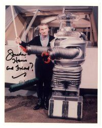 7t674 JONATHAN HARRIS signed color 8x10 REPRO still '90s as Dr. Smith w/ robot from Lost in Space