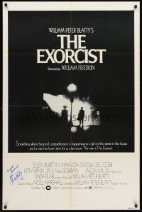 7t079 EXORCIST signed B&W style 1sh '74 by Linda Blair, William Peter Blatty horror classic!