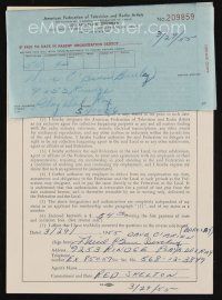 7t165 DAVE O'BRIEN signed union application '55 he filled this out & signed it when he joined!