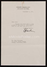7t148 HENRY MANCINI signed letter '71 giving his score from Dear Heart to Jose Feliciano!