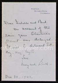 7t156 MARY PICKFORD signed letter '42 to friends apologizing for delay, written from Pickfair!
