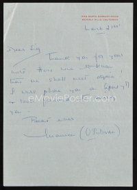 7t157 MAUREEN O'SULLIVAN signed letter '70s to a personal friend promising to call & see him!